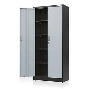 Black metal garage storage cabinet, 71 inches tall, with locking doors and multiple adjustable shelves for tool and equipment storage.