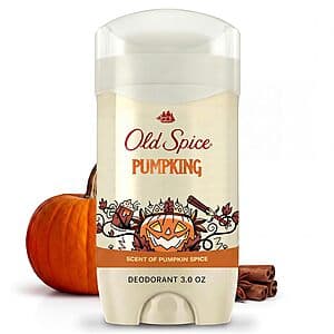 3-ounce stick of Old Spice aluminum-free deodorant in pumpkin spice scent packaging.