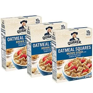 3-Pack 14.5oz Quaker Oatmeal Squares Breakfast Cereal (Brown Sugar) $6