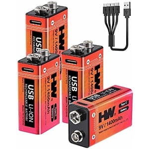 4-Pk HW 9V 1400mAh Rechargeable Lithium Batteries w/ USB-C Charging $11.45