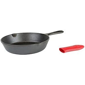 8" Lodge Cast Iron Skillet w/ Mini Red Silicone Hot Handle Holder $12.15