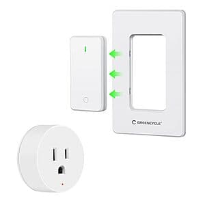 White remote control outlet adapter with detachable wireless wall switch for controlling appliances from a distance.
