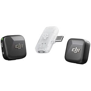 DJI Mic Mini wireless microphone system with two black transmitter units and one mobile receiver unit displayed together.