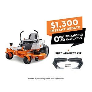 Stihl zero turn mower with zero turn radius capability for lawn mowing.