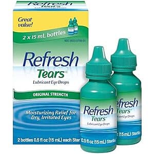 Two bottles of Refresh Tears Lubricant Eye Drops, 0.5 oz each, displayed together in their retail packaging.