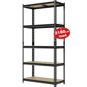 Black 5-tier heavy duty steel storage shelf unit with adjustable shelves, 36 inches wide and 72 inches tall, suitable for garage or pantry organization.