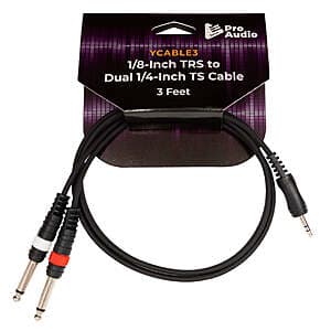 Three professional audio cables including stereo breakout TRS connector, MIDI cable, and speaker cable with 1/4 inch connectors on white background.