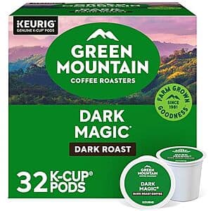 Green Mountain Coffee Roasters Dark Magic K-Cup Pods box containing 32 single-serve coffee capsules.