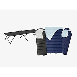 Amazon Basics twin-size folding camping cot with steel frame and canvas fabric in neutral tone, in collapsed/folded position.