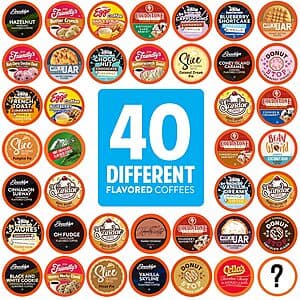 Two Rivers Coffee Flavored K-Cup Coffee Pods Variety Pack showing 40 count pods with product packaging.