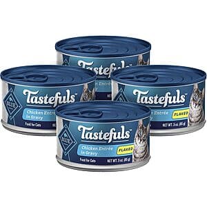 Four 3-ounce cans of Blue Buffalo Tastefuls flaked chicken in gravy wet cat food with blue and orange packaging.