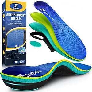 StepTastic high arch support insoles for men and women, featuring rigid nylon frame with 1.38-inch arch support, designed for heavy-duty use.