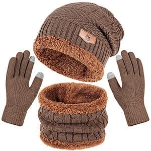 Teqihat Men's & Women's 3-in-1 Winter Beanie Hat, Neck Warmer & Gloves Set $6