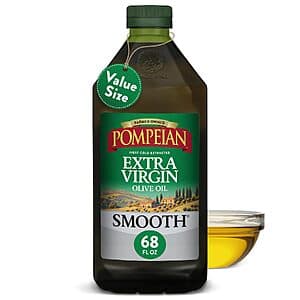 68-ounce bottle of Pompeian Smooth Extra Virgin Olive Oil with golden liquid visible through clear glass packaging.