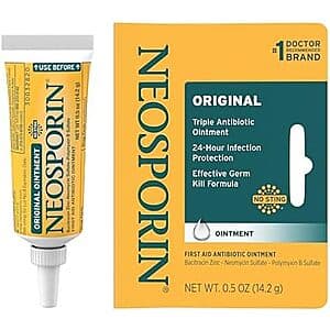 0.5 oz tube of Neosporin Original First Aid Triple Antibiotic Ointment with white and blue packaging.