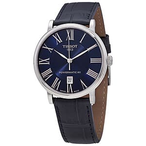 Stainless steel Tissot Carson automatic watch with blue dial and classic round case.