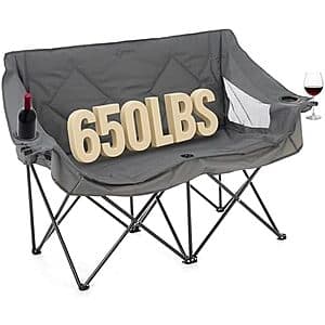 Arrowhead Outdoor portable folding double camping loveseat chair in blue, green, and grey color options.