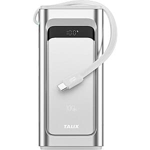TALIX 100W 10,000mAh Portable Charger Power Bank w/ Built-In USB-C Cable (Silver) $17.50