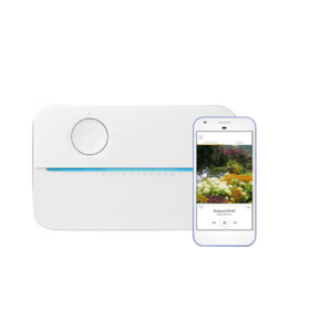 Rachio 3 smart Wi-Fi sprinkler controller with 12-zone capability, featuring a modern control panel design in white and grey tones.