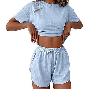 2-Pc Ekouaer Women's Pointelle Ribbed Knit Pajama Lounge Set $10