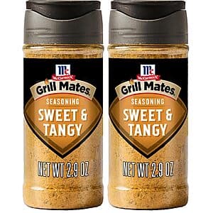 Two 2.9-ounce bottles of McCormick Grill Mates Sweet & Tangy Grilling Seasoning with yellow and red labeling.