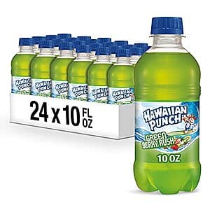 24-pack of 10-oz Hawaiian Punch Green Berry Rush fruit juice drink with green-themed packaging.