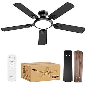 Matte black TCL ceiling fan with 52-inch blade span, integrated light fixture, and silver accent details.