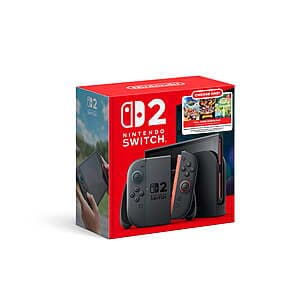 Nintendo Switch 2 console with detachable controllers in black and white, displayed with packaging indicating game choice options.