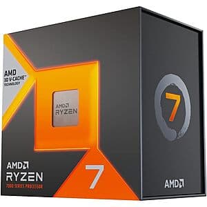 AMD Ryzen 7 7800X3D processor in retail packaging, showing the 8-core AM5 socket chip design.