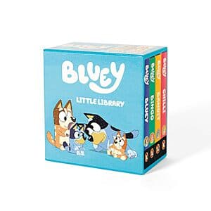 Bluey Little Library boxed set containing four children's books featuring Bluey characters.