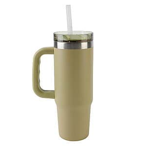 Gold stainless steel insulated water bottle with handle, 30-ounce capacity, featuring a cylindrical shape with carrying handle.