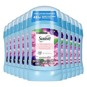 12-pack of Suave Women's Invisible Antiperspirant Deodorant Stick in Sweet Pea & Violet, 1.2-oz sticks per unit.