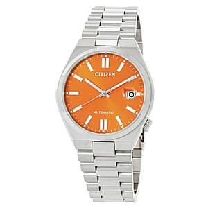 Citizen Tsuyosa Automatic Men's Watch with orange dial, 40mm stainless steel round case, and transparent case back showing movement.
