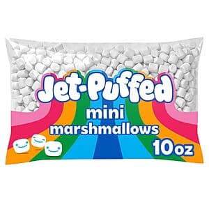 10-ounce bag of Jet-Puffed Mini Bite-Sized Marshmallows with white pillowed marshmallow pieces visible on white packaging.