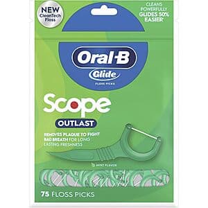 75-count box of Oral-B Complete Glide Floss Picks in Scope Outlast Mint flavor with white and blue packaging.