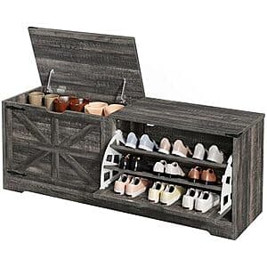 DWVO 55-inch farmhouse-style shoe storage bench in dark rustic oak with three flip drawers and flip-top lid design.
