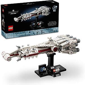 LEGO Star Wars Tantive IV starship model showing the iconic Rebel blockade runner with grey and white coloring, featuring detailed hull design and construction.