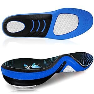 Black and blue gel arch support insoles for shoes, showing dual-color design with cushioned gel padding for plantar fasciitis relief.