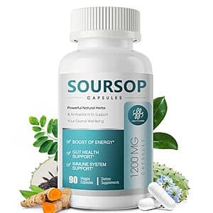Bottle of iMATCHME Soursop Graviola 11-in-1 supplement capsules, 90-count with white and green branding on packaging.