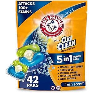 42-Count Arm & Hammer Plus OxiClean 5-in-1 Laundry Detergent Power Paks (Fresh) $5.55 w/ Subscribe & Save