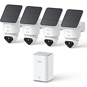 AOSU T2 Ultra 4K security camera system with four cameras, solar panels, and black mounting hardware.