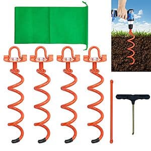 Prime Members: 4-Pk MIXXIDEA 11.4" Metal Spiral Ground Anchors w/ Folding Rings $13.75 + Free S&H