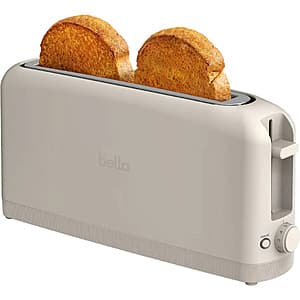 Bella 2-slice slim toaster in oatmilk color with a 10-inch-wide long slot, designed for compact kitchen spaces.