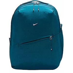 Nike Aura backpack in blue with 24-liter capacity, shown from front angle with visible compartments and straps.