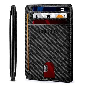 RUNBOX slim RFID wallet in black measuring 3.1 inches by 4.5 inches with visible ID window.