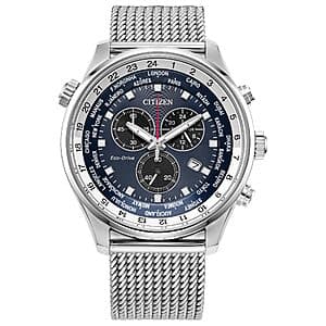 Citizen Men's Sport Luxury Eco-Drive Chronograph Watch with dark dial, chronograph subdials, and date window on a metal or leather band.