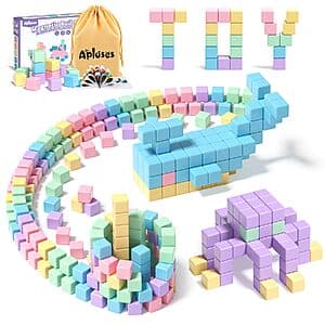 32-piece set of Apluses magnetic building block cubes in pastel macaron colours including pink, blue, green, and yellow.
