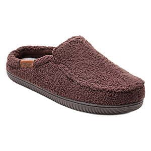 Dearfoams Men's Notch Clog Memory Foam Slippers in brown and camo colorways, featuring a gel memory foam footbed and soft lining.