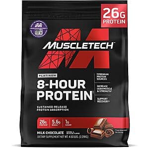 MuscleTech Platinum 8-Hour Protein Powder in a 4.6 lb container with milk chocolate flavor labeling.