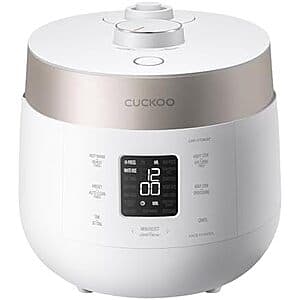 White Cuckoo 6-cup Twin Pressure Rice Cooker with dual pressure settings and warming function, compact countertop design.